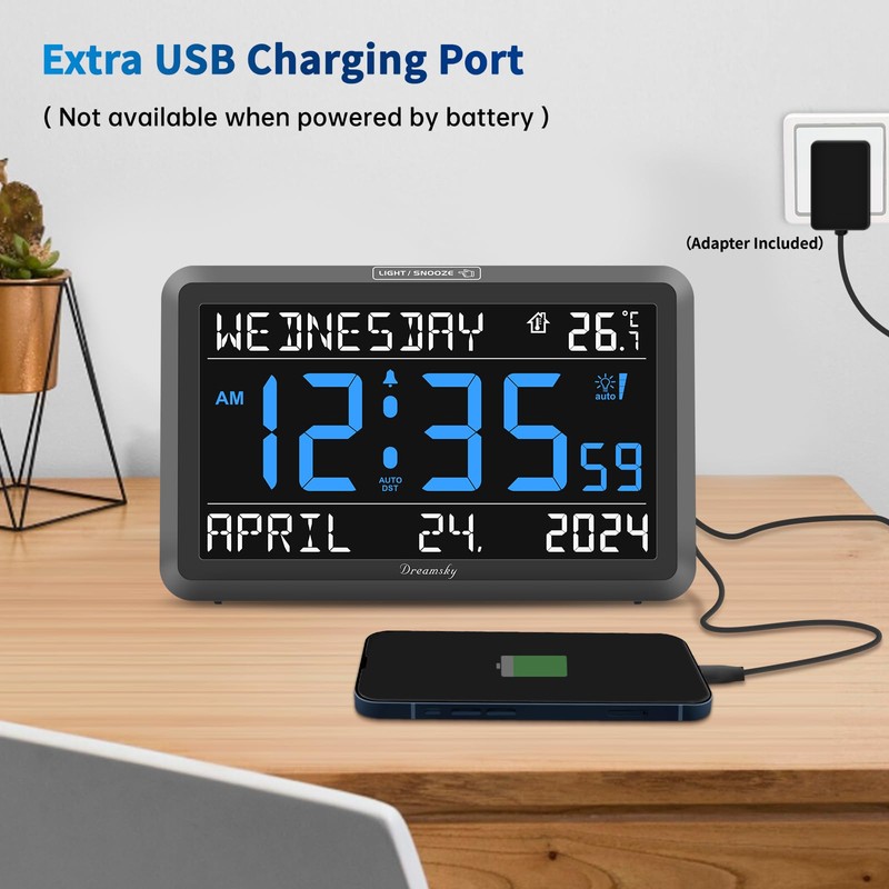 DreamSky Large Digital Clock with Date and Day of Week