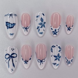 White French tips Press on Nails Medium Almond Fake Nails with Blue Leaf Design Flower Glue on Nails Spring Nails Press On Full Cover Glossy Reusable Summer False Nails For Women Manicure 24pcs