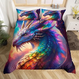 Dragon Duvet Cover,Kids Colorful Dragon Bedding Set,Rainbow Dragon Scales Comforter Cover for Boys Girls Room Decor,Cool Dragon Lightweight Bedspread Cover Twin Size with 1 Pillow Case(No Comforter)