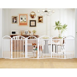 THKKY Folding No-Assembly Freestanding Dog Gate with Door,32" Heights Foldable Pet Fence,144" Extra Wide Accordion Puppy Folding Playpen for Doorways,House,Stairs (6 Panels,White)