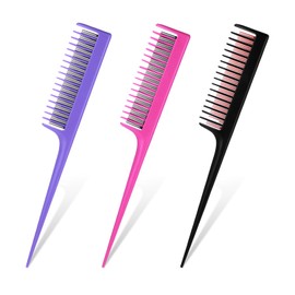 TIESOME 3 PCS Professional Teasing Comb, 8.15 Inches Triple Teasing Comb Tease Comb with Rat Tail for Root Teasing Hair Styling Back Comb for Hair Volume and Sectioning(Black Rose-Red Purple)
