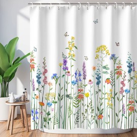 LIVILAN Floral Shower Curtain for Bathroom Flower Shower Curtain Watercolor Shower Curtain Colorful Butterfly Flowered Plant Wildflower Shower Curtain with Hooks, Machine Washable, 72''Wx72''H