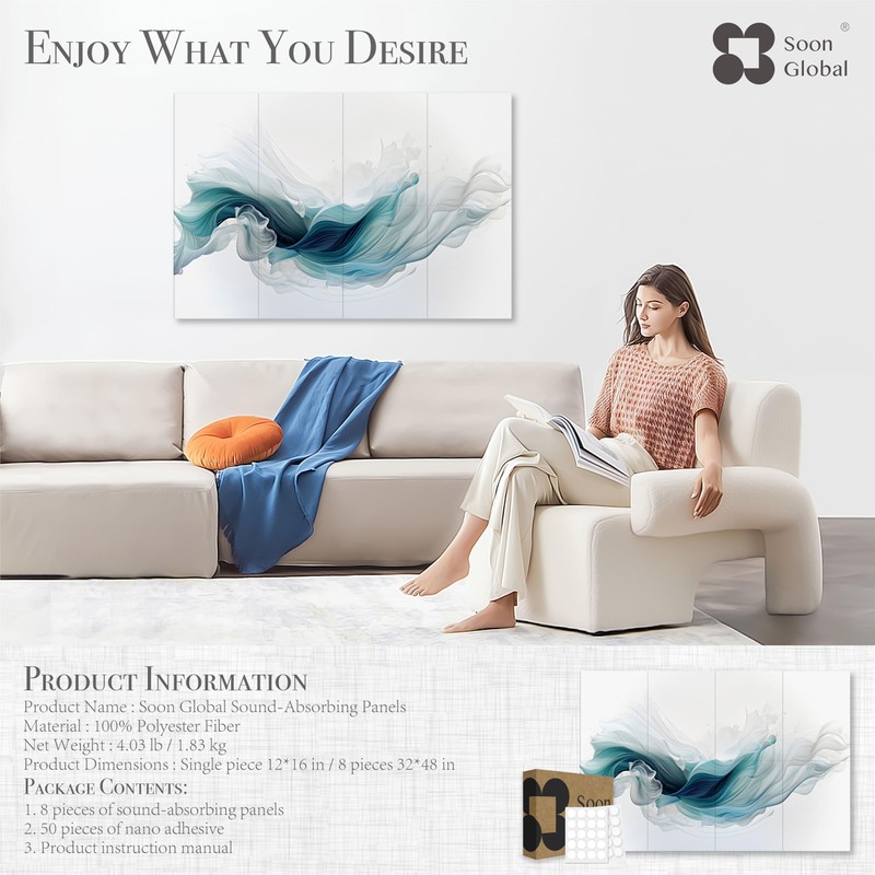 Soon Global 8-Pack Acoustical Wall Panels,48 X 32 Inches Sound