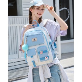 Laptop Backpacks 15.6 Inch School Bag Elementary Middle High College Backpack Cute Bookbags Anti Theft Travel Back Pack Casual Daypack Kids Book Bag for Teens Girls Women Students-Blue Beige