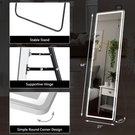 Homee Full Length Mirror, 64"x 21" LED Lights Floor Mirror, Full Body Dressing Standing Mirror w/Dimming & 3 Color Lighting - Aluminum Alloy Thin Frame Wall Mirror, Hanging Mounted Mirror