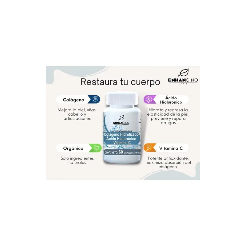 Cápsulas Colágeno Hidrolizado Ácido Hialurónico Vitamina Enhancing Life Unidades