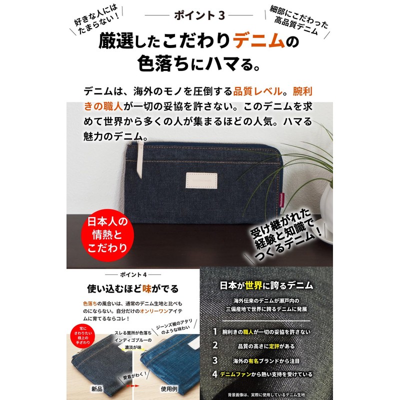Need Network Okayama Denim Long Wallet, L-Shaped Zipper, Wallet with