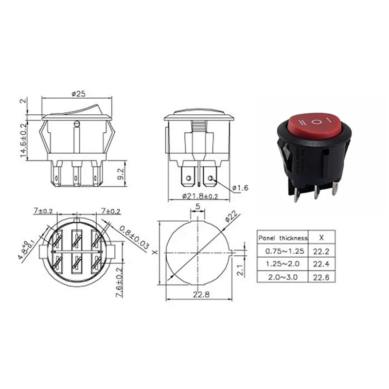 Round Rocker Switch, 6-pin 250V 6A, ON-OFF-ON, Red Rocker Unlit