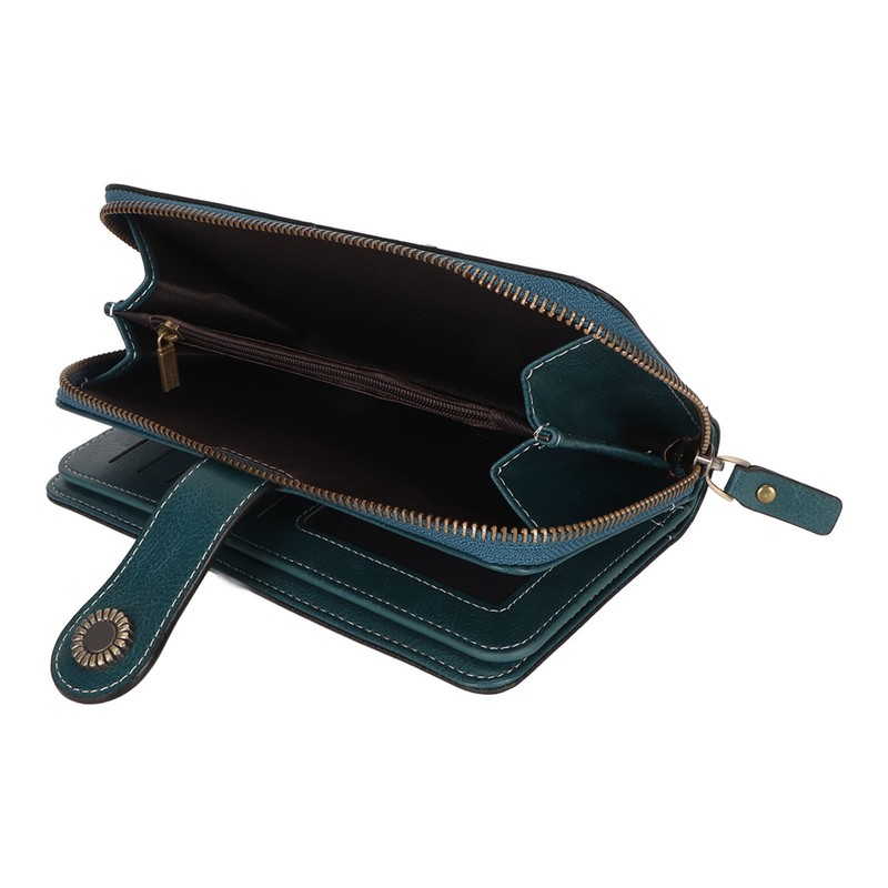 RFID Blocking Leather Wallet Large Capacity Double Snap Button Women