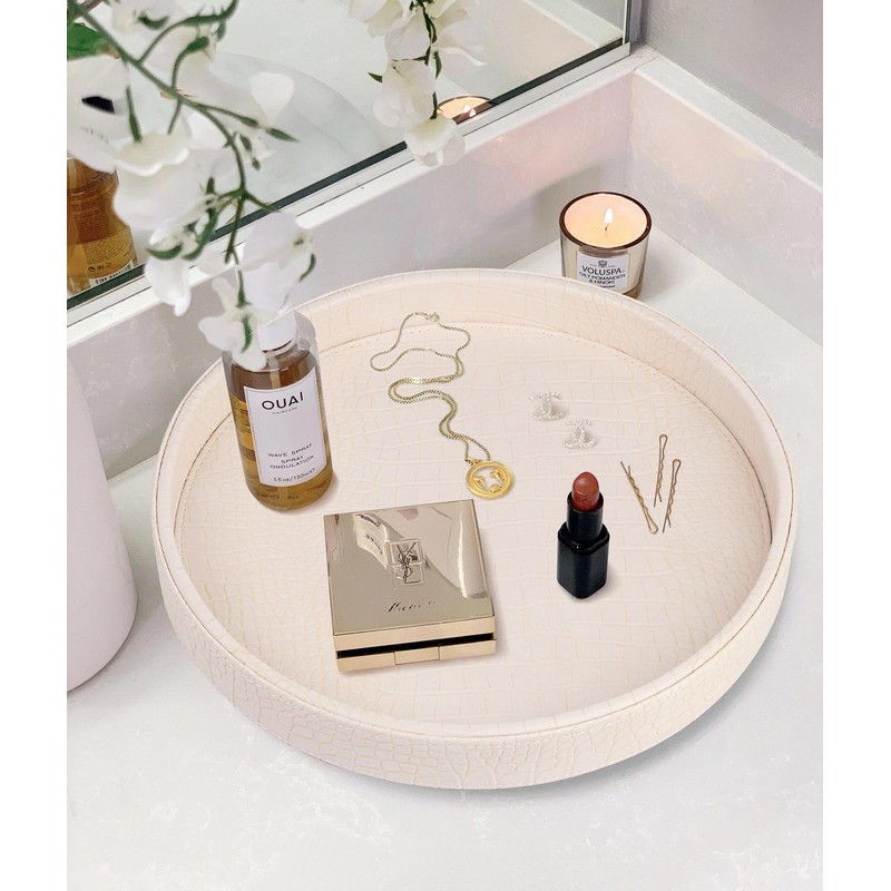 HofferRuffer Faux Leather Round Serving Tray, Vegan Croco Leather Decorative