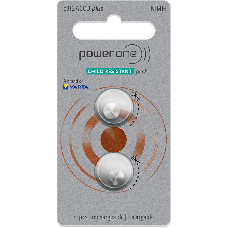Power One ACCU Plus Size 312 Rechargeable Hearing Aid Batteries