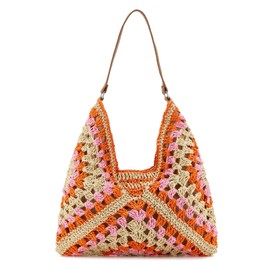 WEIMZC Straw Hobo Bags for Women Summer Beach Bag Everyday Tote Bag Shoulder Bag Vintage Handmade Woven Bags Handbags(Orange Red)