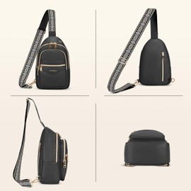 RAINSMORE Bolsa Crossbody Mujer Impermeable Sling Bolsa Pequeña PU Riñonera Bolso Bandolera Mujer Mochila Cruzada con 4 Bolsillos con Cremallera,Negro