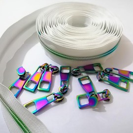 #5 Zippers Tape,Rainbow Teeth Nylon Zipper by The Yard Black Zipper Tape with 10PCS Pulls for Tailor Sewing Crafts 5 Yards(White Tape)