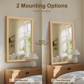 Delma Bathroom Mirror for Wall, 36"x24" Farmhouse Wall Mounted Full Length Decorative Mirror with Tempered Glass, Natural Wooden Frame Vanity Mirror for Bedroom, Living Room, Entryway