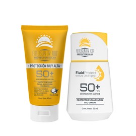 FOTOSUN UV 100 Fluid Protect, Protector Solar Facial FPS 50+ UVA/UVB y Luz Azul, Resistente al Agua, Consistencia Líquida, Uso Diario (KIT: Fluid + Travel)