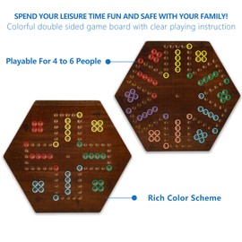 NRZSSN Wahoo Marble Board Game Thicken Wood 4 and 6 Players Fast Track Board Game 2 Sided Painted Perfect Game for Family Friends Party (Rustic Brown)