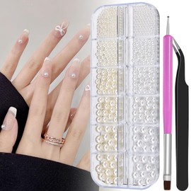 400 Pcs Resin Round Pearls Kit, Multi Sizes 3D 2-6mm White & Beige Nail Pearls Beads Decorations with Tweezers and Dual-end Brush for Nail Art, Crafts Artwork DIY, Face Makeup Gems Jewels (21-K1)