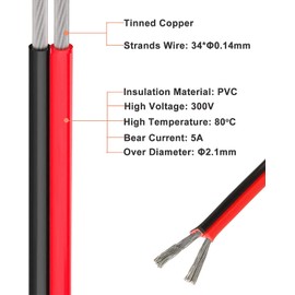 20 Gauge Flexible 2 Conductor Parallel Silicone Wire Spool Red Black High Resistant 80℃ 300V for Single Color LED Strip Extension Cable Cord, 32ft Stranded Copper Wire