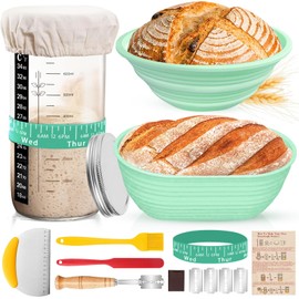 Sourdough Starter Kit Bread Baking Supplies,34oz Sourdough Starter Jar, 9 Inch Round + 10 Inch Oval Silicone Bowl,Thermometer,Feeding Time Tracker,Metal Scraper,Durable Complete Sourdough Starter Kit