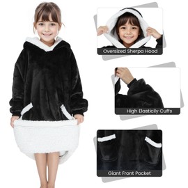Hoodie Blanket, Long Wearable Blanket with Big Pockets Sherpa TV Blanket (Black-Child)