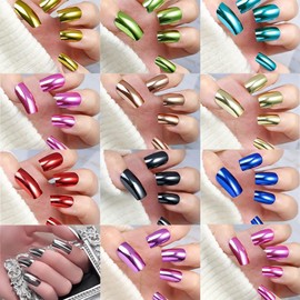 288 Pcs Metallic Press on Nails for Women, 12 Colors Mirror Chrome Finish Fake Nails, Medium Square Shape Glue on Nails, Gold Silver Pink Blue Purple Red False Nails Set with Storage Box