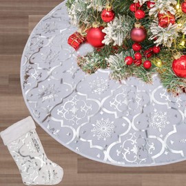 Merry Christmas Tree Skirt 48 Inches,Large Xmas Soft Cover Mat Decor Snowflake Collar Farmhouse Tree Skirt for Home Party Rustic Vintage Christmas Tree Decorations by H HOME-MART (White)