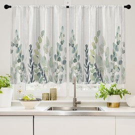 Eucalyptus Leaf Kitchen Curtains Sets for Windows Over Sink Farmhouse Sage Green Leaves Short Curtain for Small Bathroom Window Spring Summer Half Treatment Tier Drapes for Cafe Bedroom 27.5x39 Inch
