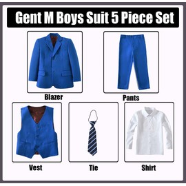 Traje de esmoquin formal de ajuste delgado, 5 piezas para niños pequeños, traje de boda, chamarra, pantalones, chaleco para niños, Corbata azul real, 3
