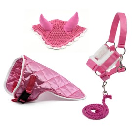 Set di accessori rosa per Hobby Horse e cavallo stick: cavezza muta con cordino + coperta + berretto anti-mosche