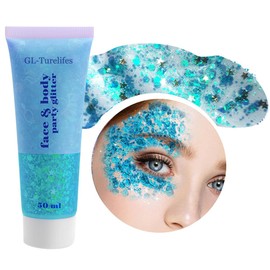 GL-Turelifes Light Blue Body Glitter Gel, Mardi Gras Face Glitter Make-up, Sparkling Chunky Hair Glitter, Concerts Festival Rave Accessories, Mermaid Glitter Face Paint (#10 Ice Blue)
