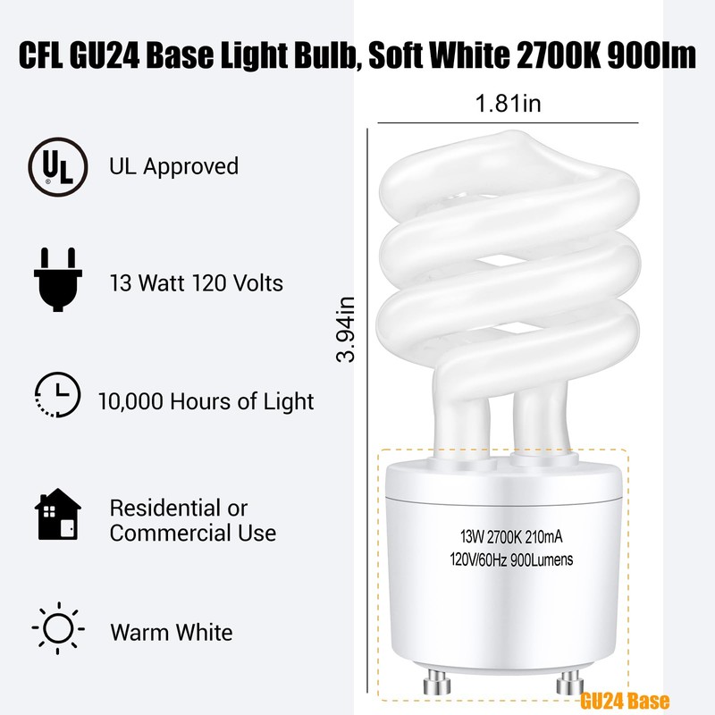 Winkcao CFL Light Bulbs GU24 Base, T3 Spiral 13Watt (60Watt