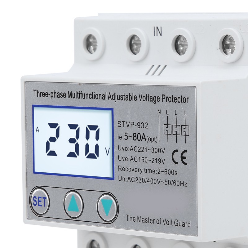 Adjustable Voltage Protector 3-Phase LCD Multifunctional Self-Resetting STVP-932 230v 400VAC(50A