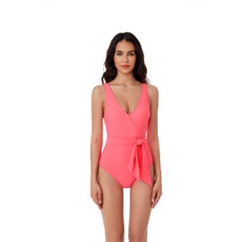 BCA by Rebecca Virtue Megan - Women's One Piece Swimsuit with V-Neck, Wraparound Waist Tie and Adjustable Back Strap, Bathing Suits for Women, Flamingo, Large