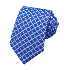 Men Bright Blue White Window Check Plaid Tie Formal Fashion Thanksgiving Dress Necktie