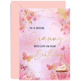 Premium Birthday Cards for Granny - Pink Cupcake Butterfly Birthday Card for Her - Stylish Birthday Gifts for Women - Granny Birthday - Adult Birthday Cards for Family | Blank Inside