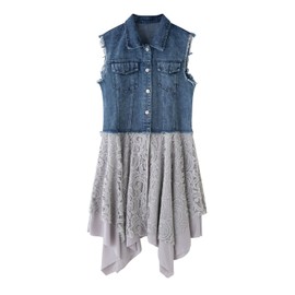 FindThy Women’s Denim Vest Sleeveless Ripped Draped Patchwork Cardigan Jean Vest with Irregular Lace Extender Hem(0475-DenimBlue-XL-LB)