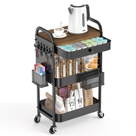 ALVOROG Rolling Cart with Drawer and Wood Table Top, 3 Tier Metal Rolling Utility Cart on Wheels with DIY Pegboards, Hanging Baskets, Hooks for Bedroom,Office,Craft Supplies (Black)