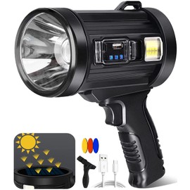 JSKNB Spotlight, 90000 Lumen Rechargeable Spotlight Flashlight with Tripod, 6 Modes IPX6 Waterproof Led Spot Lights Outdoor Handheld, Super Bright Solar Searchlight for Hunting, Marine, Camping