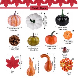 Artificial Pumpkins Decorations Set,150P Autumn Home Decor Artificial Fall Maple Leaves,Small Acorns,Pine Cone,Gourds,Pumpkin for Autumn Thanksgiving Decor,Halloween,Fall,Home Harvest Table Decoration