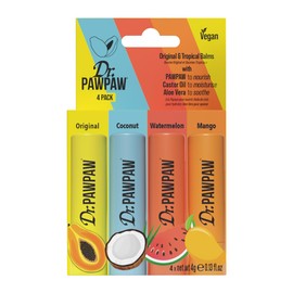 Dr.PAWPAW Original & Tropical Balms – Variety Pack with 4 Flavors: Coconut, Watermelon, Mango & Original – Vegan, Cruelty-Free, Multipurpose Hydration for Lips, Skin & More – Travel-Friendly- 4x4g