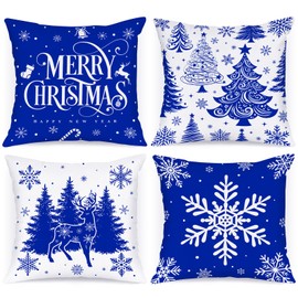Lanpn 45x45 cm Blue Christmas Pillow Covers Set of 4, Christmas Decorations Pillowcase, Winter Decorative Pillow Case, 18x18 Christmas Tree Cushion for Indoor Home Bedroom Sofa Xmas Couch Decor