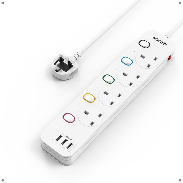 Mscien Extension Lead 1M with USB Slots 4 Way Wall