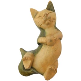 Brave Wings Hand Carved Wooden Cat ~ Cat Playing Ball 15cm Long ~ Ornament Sculpture Figurine Statue Unique Table Decoration Home Decor ~ 5011