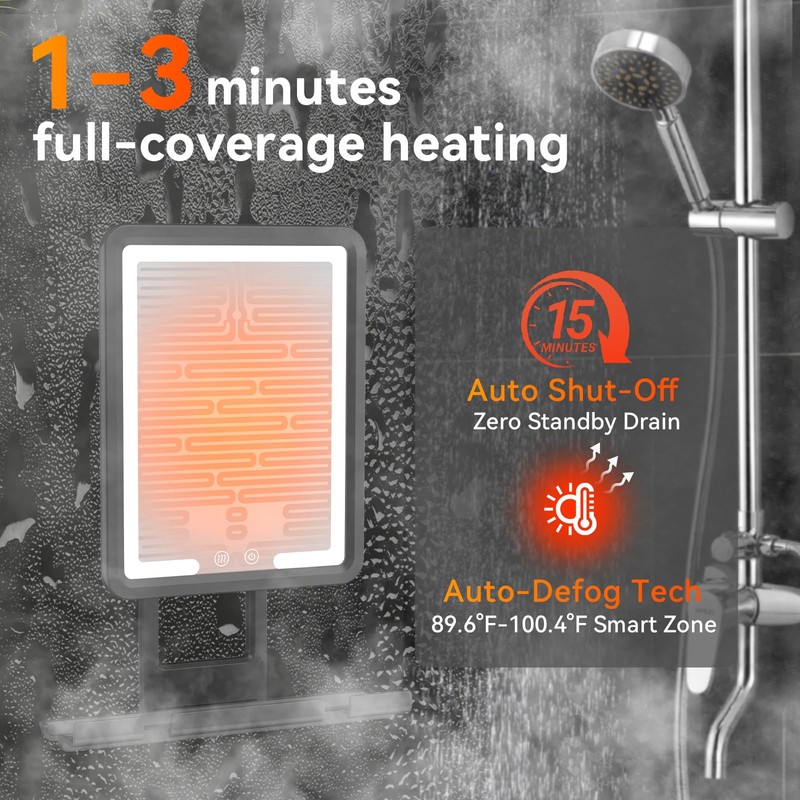 GURUN Heated Shower Mirror Fogless for Shaving, 360° Adjustable Shaving