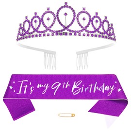 9th Geburtstags Krone und Schärpe Mädchen 9. Geburtstag Deko Strass Geburtstag Tiara Prinzessin Krone Kristall Queen Tiara Geburtstagsschärpe Girls 9th Geburtstag Dekoration Party Kleidung Zubehör
