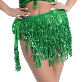 Phantomon Sequin Skirt for Women with Sparkly Fringe Belly Dance Performance Mini Skirt Tassel Hip Scarf Rave Costume (Green)