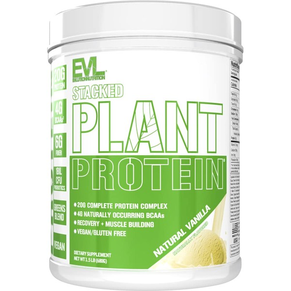 Evlution Nutrition Stacked Plant Protein Powder, Vegan, Non-GMO, Gluten-Free, Probiotics, BCAAs, Fiber, Complete Plant-Based Protein Complex, 1.5 LB (Natural Vanilla)