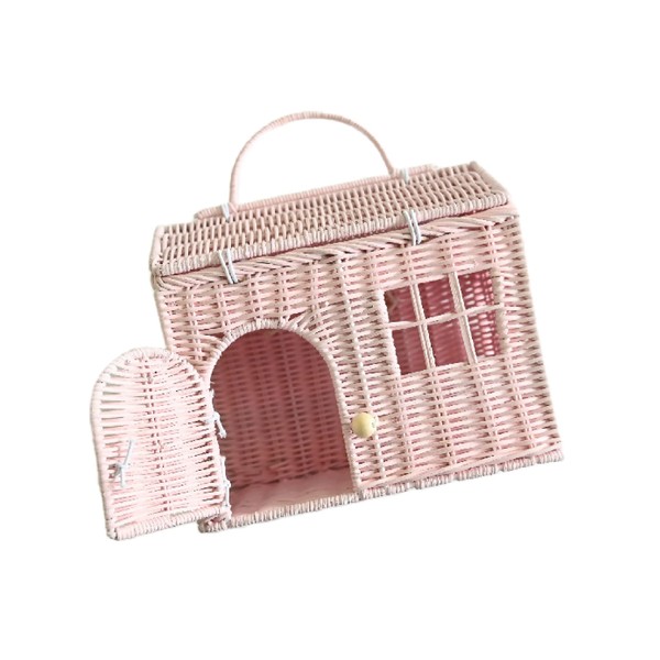 Rool Rattan House Shaped Basket Wicker Small Dollhouse Gift for Girls, Boho Toys, Mouse in a Box House, Little Girl Purse Clutch, Doll Carrier (Pink)