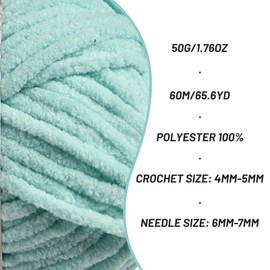 Plush Chenille Chunky Crochet Yarn - Baby Yarn for Crocheting Soft - Velvet Yarns Knitting for Blankets Crafts - Fluffy Amigurumi Yarns 50g / 65.6yd (Aqua Green)